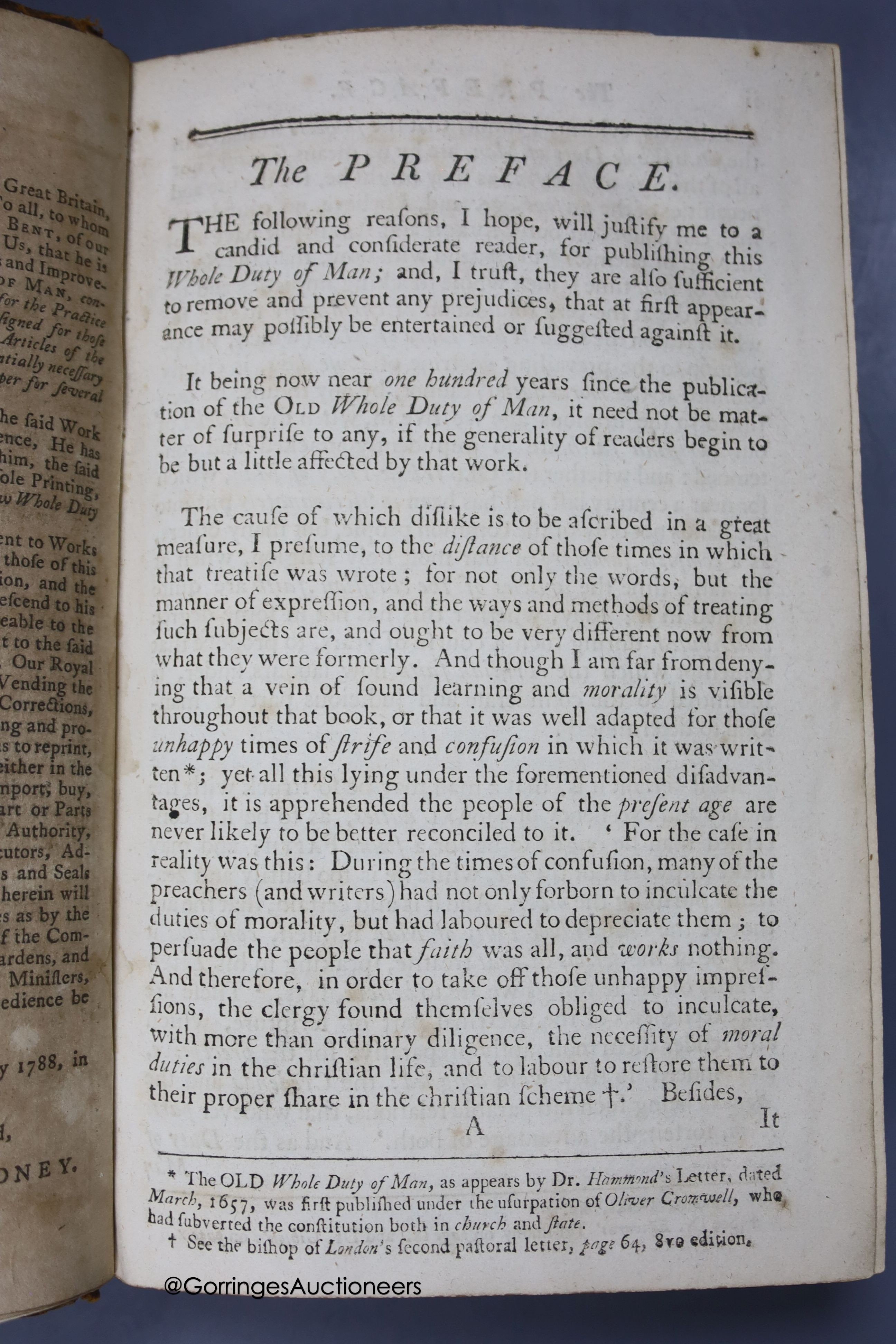 A collection of leather bound books, including The Truth of The Scripture 1796 to follow The Whole Duty of Man 1808 and Pompeii-Dyer 1875